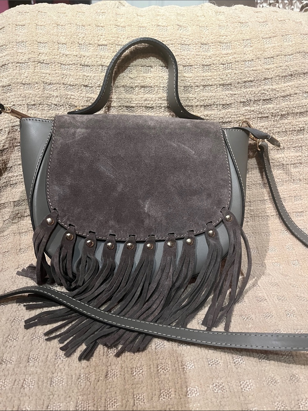Gray Suede Fringe Crossbody with Top Handle